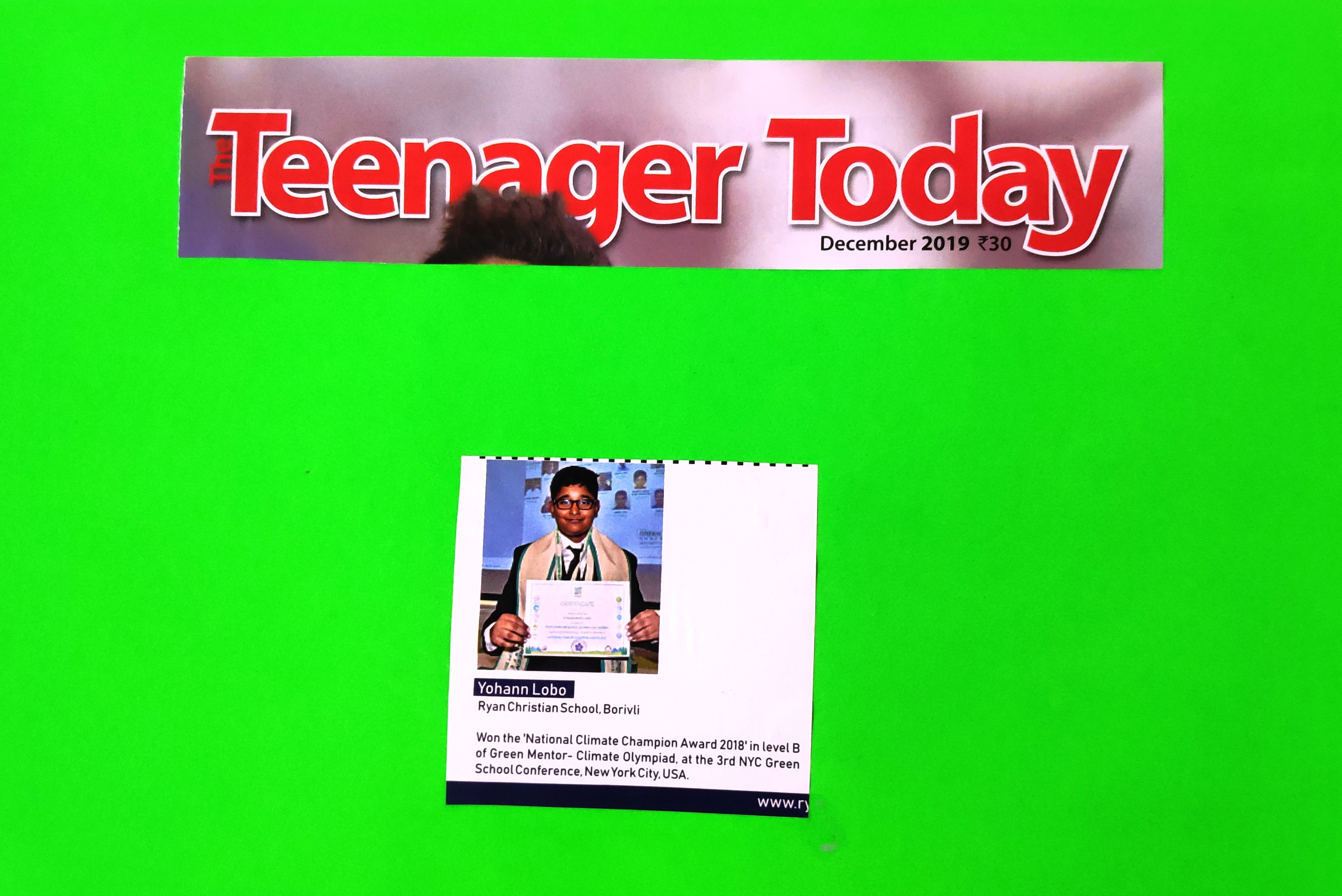Mst Yohann Lobo ( National climate Award) was featured in Teenager Today
